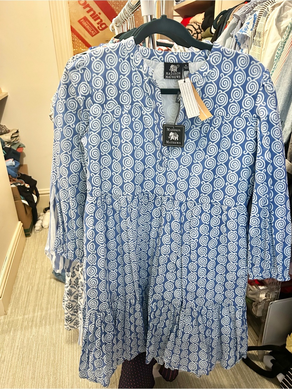 Madison Matthews Blue & White Swirl Tunic “the Folly” Dress